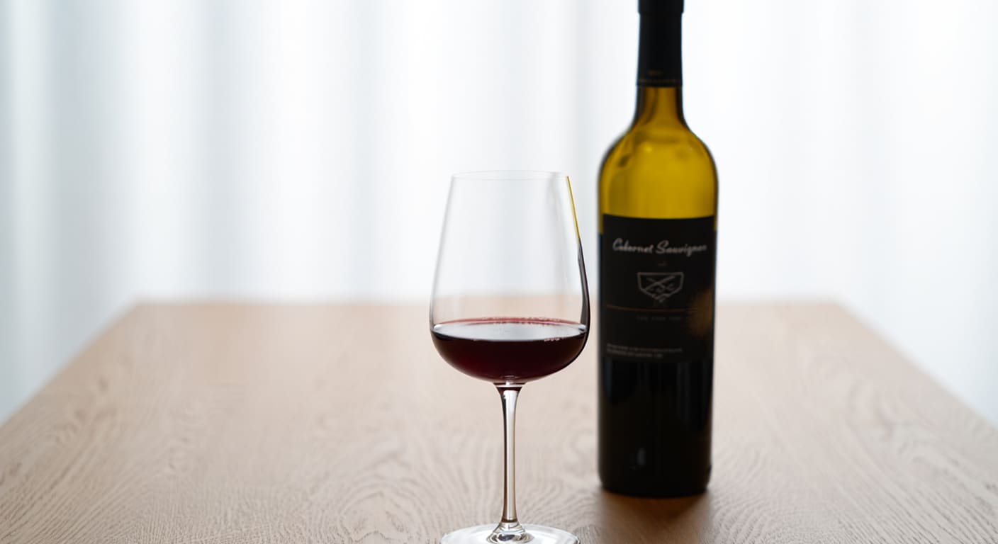 Бокал красного вина рядом с бутылкой Cabernet Sauvignon