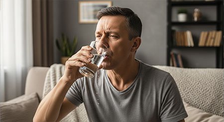 Мужчина пьет воду из стакана